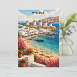 Mykonos Griechenland Windmühlen Retro Reiseillustr Karte