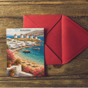 Mykonos Griechenland Windmühlen Retro Reiseillustr Postkarte