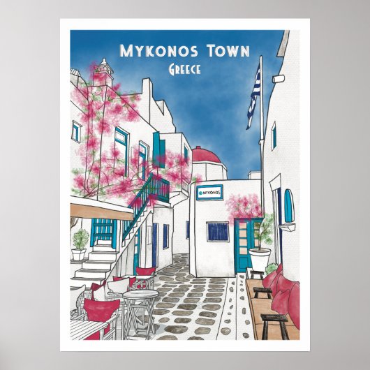 Mykonos Town Griechenland Reise Zeichnend Poster (Vorne)
