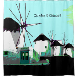 Mykonos Windmühlen, Cyclades, Griechenland. Person Duschvorhang