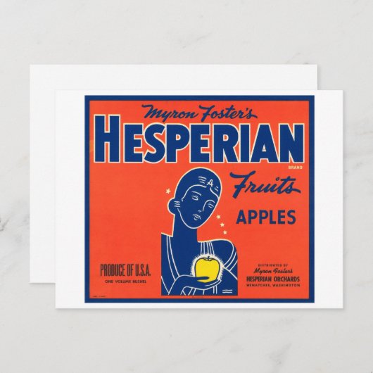 Myron Foster's Hesperian Frucht Apple Crate Labels Postkarte (Vorne/Hinten)