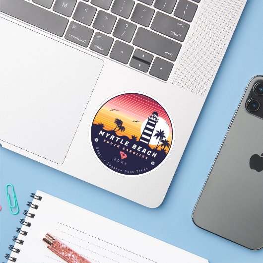 Myrtle Beach Leuchtturm SC Retro Sunset Souvenirs Aufkleber (Laptop mit iPhone)