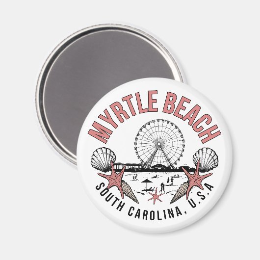 Myrtle Beach Retro Vignette Round Magnet (Vorderseite/Rückseite)
