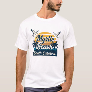 Myrtle Beach SC Retro Sonnenuntergang Palmen Möwen T-Shirt