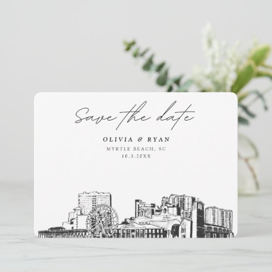 Myrtle Beach Wedding Skyline Save the Date Einladung (Stehend Vorderseite)