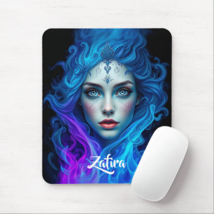Mysterienfrau, die aus blauen und violetten Flamme Mousepad