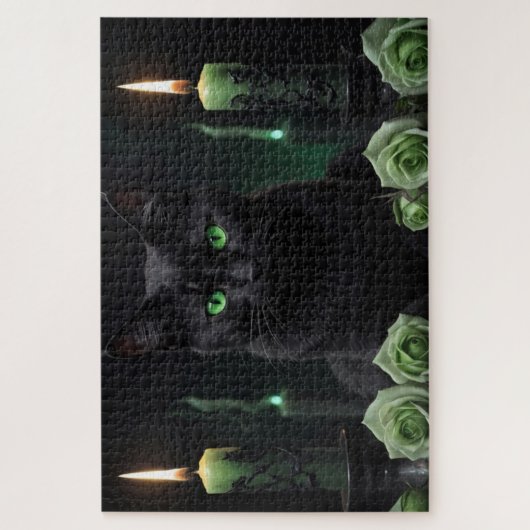 Mysteriöse Beängstigende Schwarze Katze mit grünen Puzzle (Vertikal)