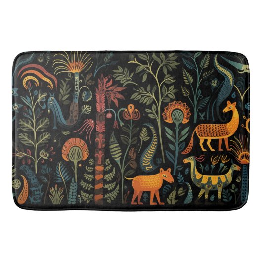 Mysteriöse Fantasietiere auf schwarzen Fliesen Badematte (Vorderseite)