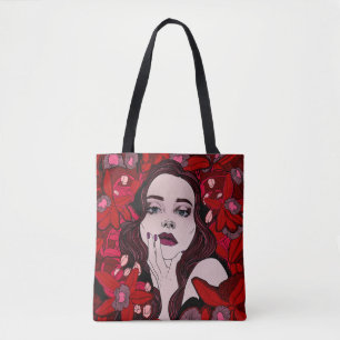 Mysteriöse Mädchen, umgeben von roten Blüten, Tasche