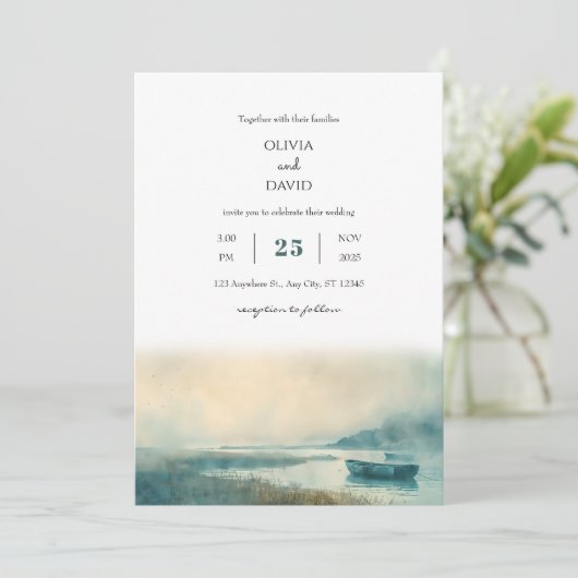 Mysteriöse Nautical Foggy Harbour Hochzeit Einladung (Stehend Vorderseite)