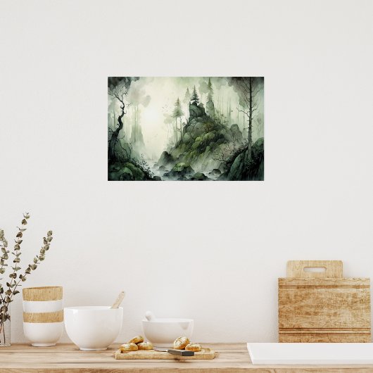 Mysteriöse Nebelwälder Wasserfarbe Poster (Küche)