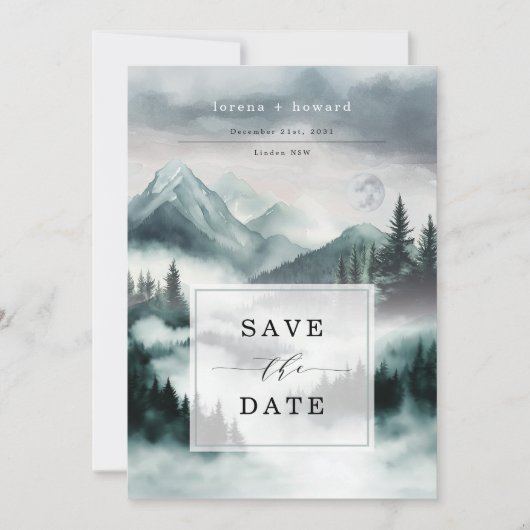 Mysteriöser Foggy Mountain Forest Save the Date Einladung (Vorderseite)