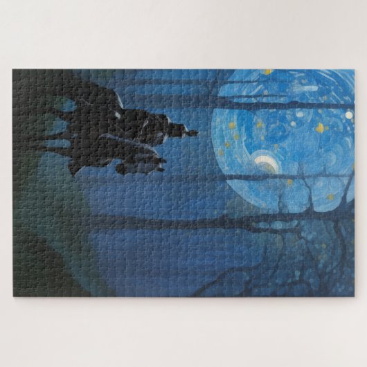 Mysteriöser Schwarzer Ritter im Mondlichtwald Puzzle (Horizontal)