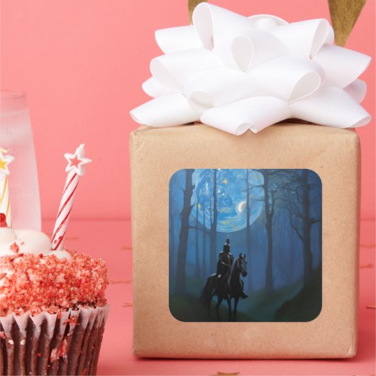 Mysteriöser Schwarzer Ritter im Mondlichtwald Quadratischer Aufkleber (Party)