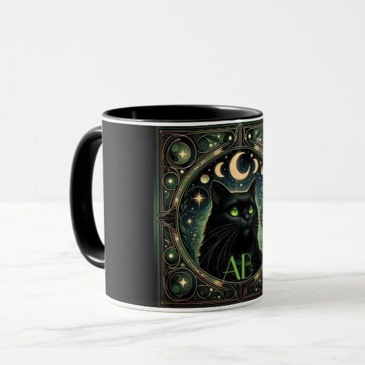 Mysteriöses Black Cat Celestial Art Nouveau Design Tasse (Vorderseite Links)