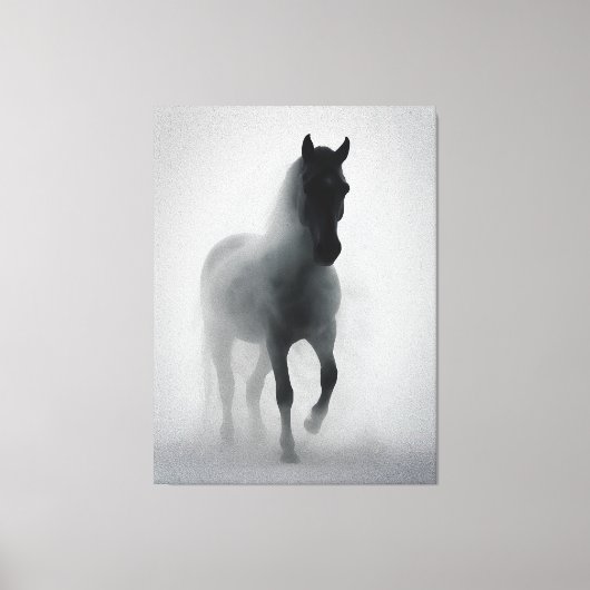 Mysteriöses Schwarzes Pferd, das aus dem Nebst auf Leinwanddruck (Vorderseite)