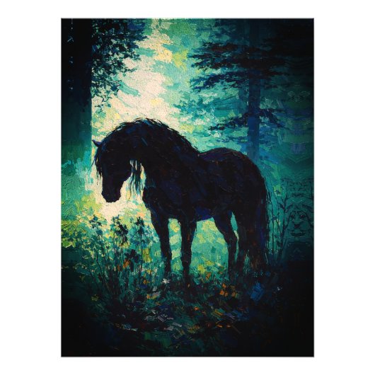 Mysterious Black Horse in Forest Fotodruck (Vorne)