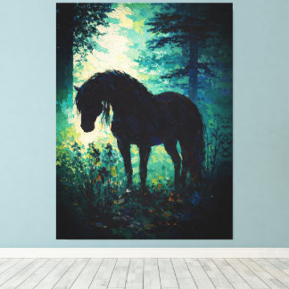 Mysterious Black Horse in Forest Leinwanddruck