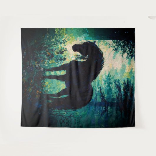 Mysterious Black Horse in Forest Wandteppich (Vorderseite (Horizontal))