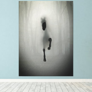 Mysterious Black Horse Running in Misty Fog Forest Leinwanddruck