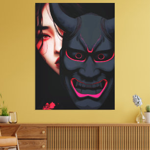 Mysterious Girl mit Oni-Maske Dunkler Japanischer Leinwanddruck