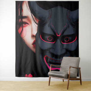 Mysterious Girl mit Oni-Maske Dunkler Japanischer Wandteppich