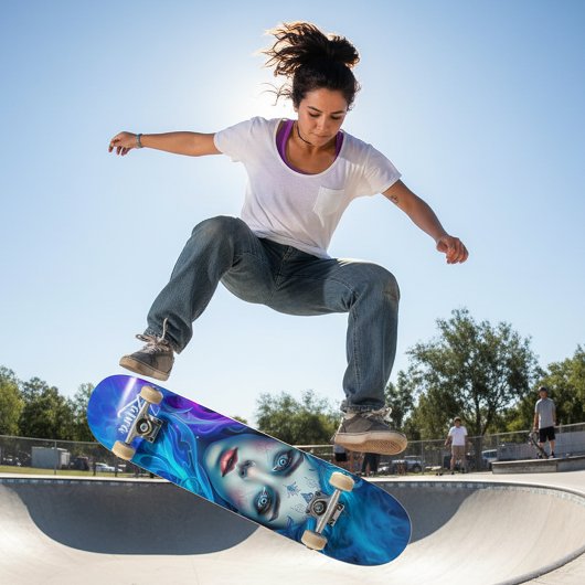 Mystery Woman Emerging from Blue & Lila Flames Skateboard
