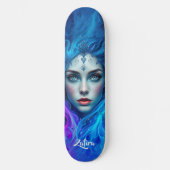 Mystery Woman Emerging from Blue & Lila Flames Skateboard (Vorderseite)