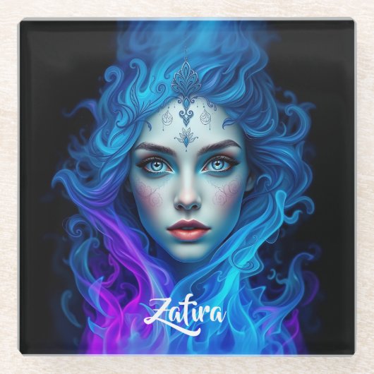Mystery Woman Emerging from Blue & Purple Flames Glasuntersetzer (Vorderseite)