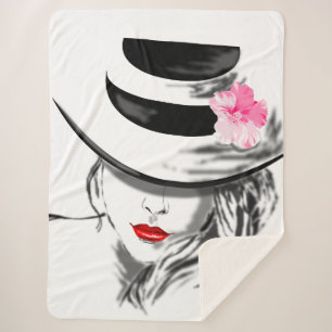 Mysteryous Lady Sherpa Blanket Rote Lippen Sherpadecke
