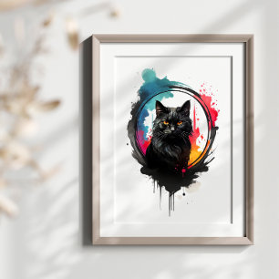 Mystic Black Cat Watercolor Splash Art Poster