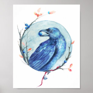 Mystic Black Raven handgezeichnet Aquarell Poster