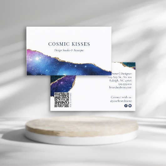 Mystic Blue Crystal Geode Gold Business Logo QR Visitenkarte