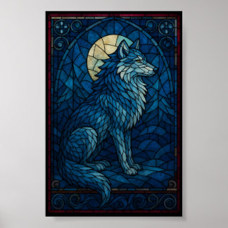 Mystic Blue Wolf – Stained Glass Style Wall Art Poster