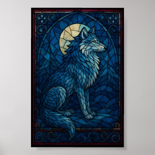 Mystic Blue Wolf – Wandkunst im Bleiglasstil Poster (Vorne)