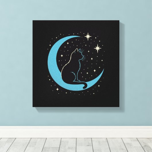 Mystic Cat on Blue Moon Night Sky Leinwanddruck (Insitu (Holzboden))