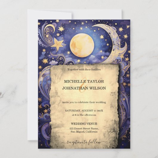 Mystic Celestial Midnight Blue Gold Stars Moon Einladung (Vorderseite)