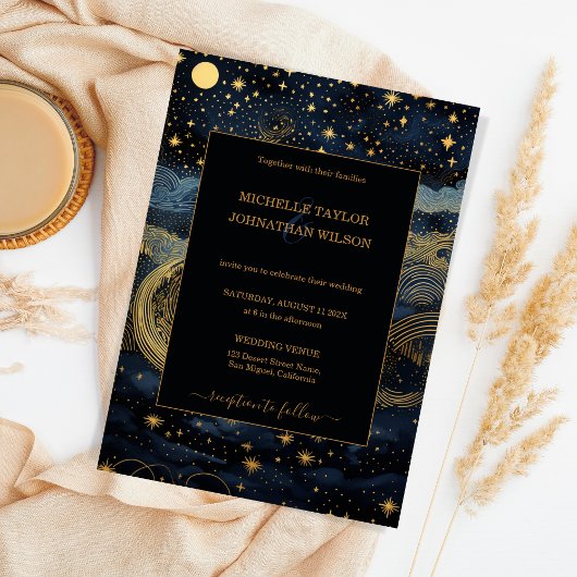 Mystic Celestial Midnight Blue Gold Stars Moon Einladung