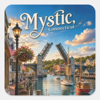 Mystic, Connecticut Klappbrücke Hafen Sonnenunterg Quadratischer Aufkleber
