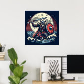 Mystic Crimson Red & White Warrior Moonlit Viking Poster (Heimbüro)