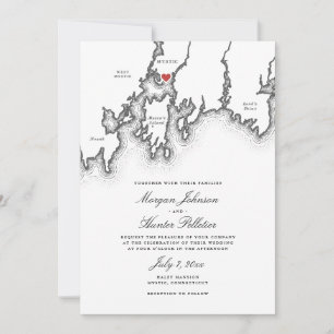 Mystic CT Map Elegant Black and White Wedding Einladung