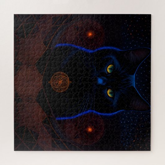 Mystic Dark Celestial Black Cat Fantasy Art Puzzle (Horizontal)