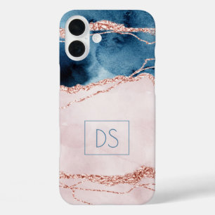 Mystic Elegance Aquamarin Pink Peach Agate Monog iPhone 16 Plus Hülle