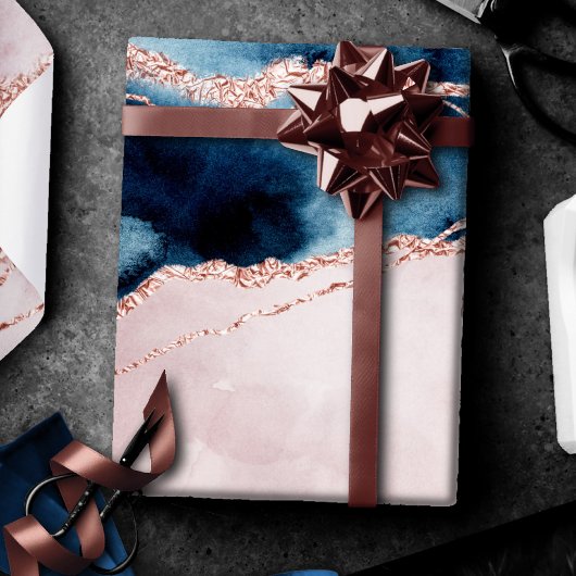 Mystic Elegance | Aquamarines Blau und Rose Gold A Geschenkpapier