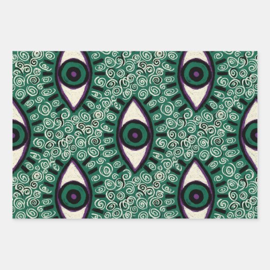 "Mystic Emerald Eyes" - Psychedelic Swirl Seamless Geschenkpapier Set (Vorderseite)