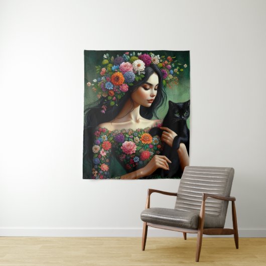 Mystic Floral Goddess with Black Cat – Fantasy Art Wandteppich (Beispiel)