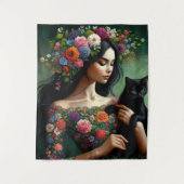 Mystic Floral Goddess with Black Cat – Fantasy Art Wandteppich (Vorderseite)
