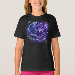 Mystic Galaxy Kids T-Shirt Blau Cosmic Wolf Art