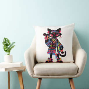 Mystic Kawaii Katze – Farbiger Tribal-Spirit-Shirt Kissen