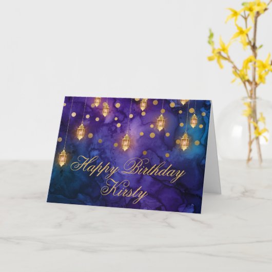 Mystic Lila Blue Fairy Lanterns Bokeh Birthday Karte (Gelbe Blume)